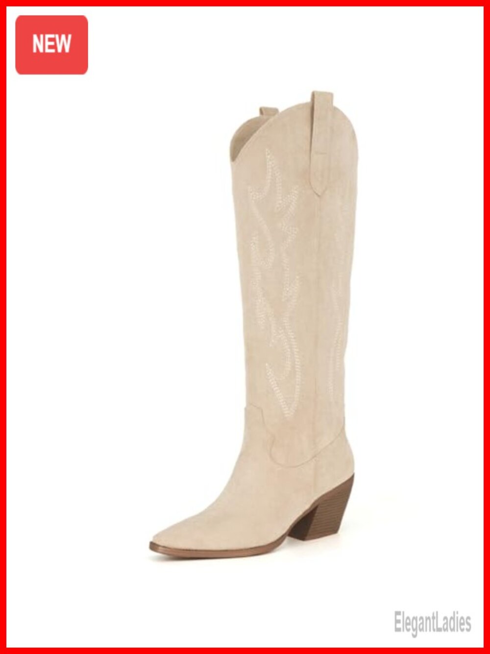 Knee High Cowboy Boots Pointed Toe Block Heel Faux Suede Western Embroidered